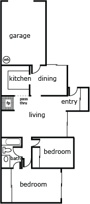 Floor plan for 2 beds, 1 bath, 925 sqft